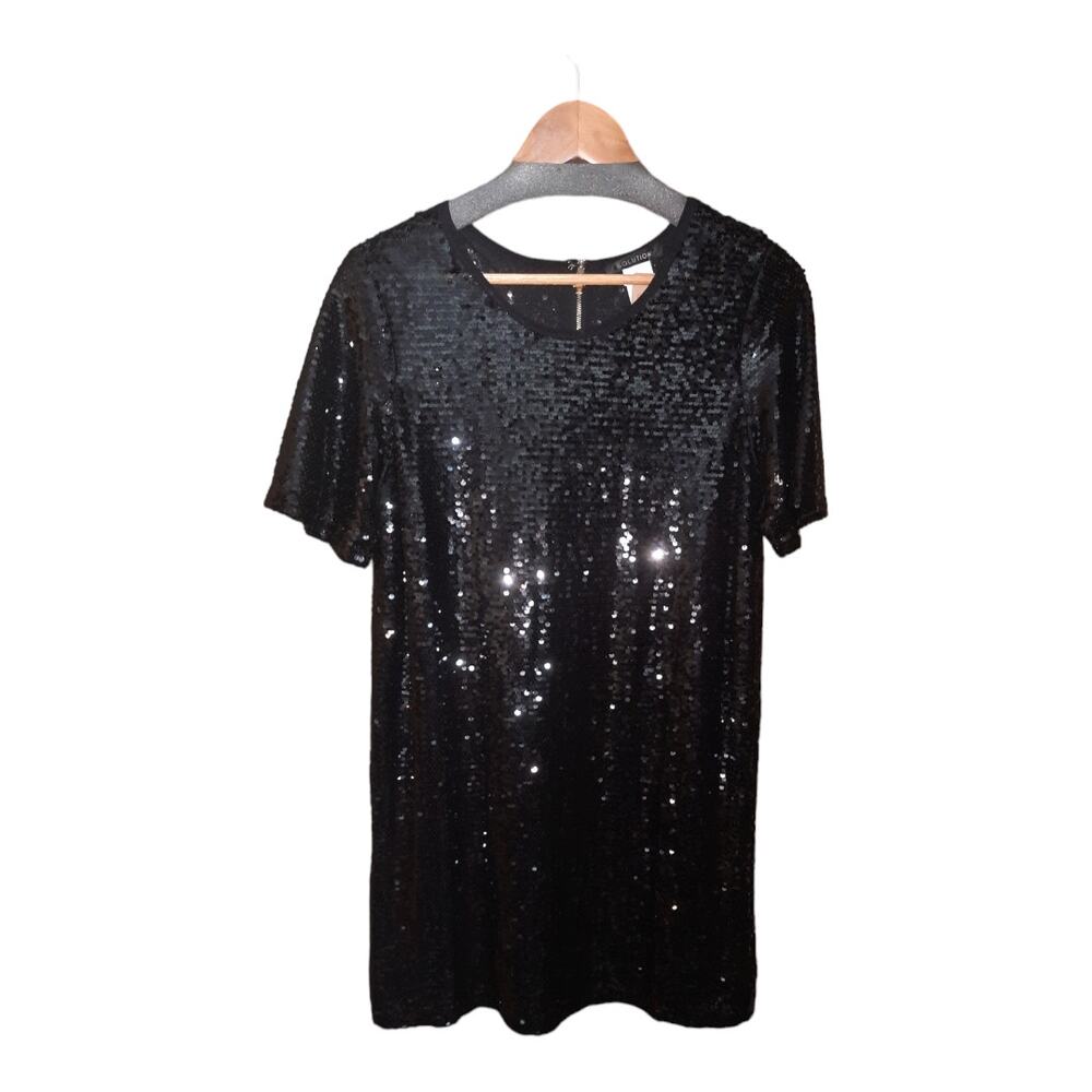 Solution Womens Black Lined Short Sleeve Sequined Mini Dress Size Large NWT